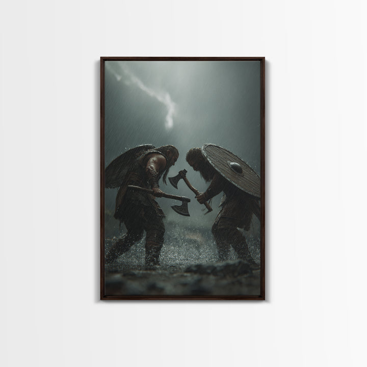 Viking Warriors Duel In Heavy Rain Wall Art, Nordic Battle Canvas Print, Dark Fantasy Decor, Masculine Office Art Gift For Him