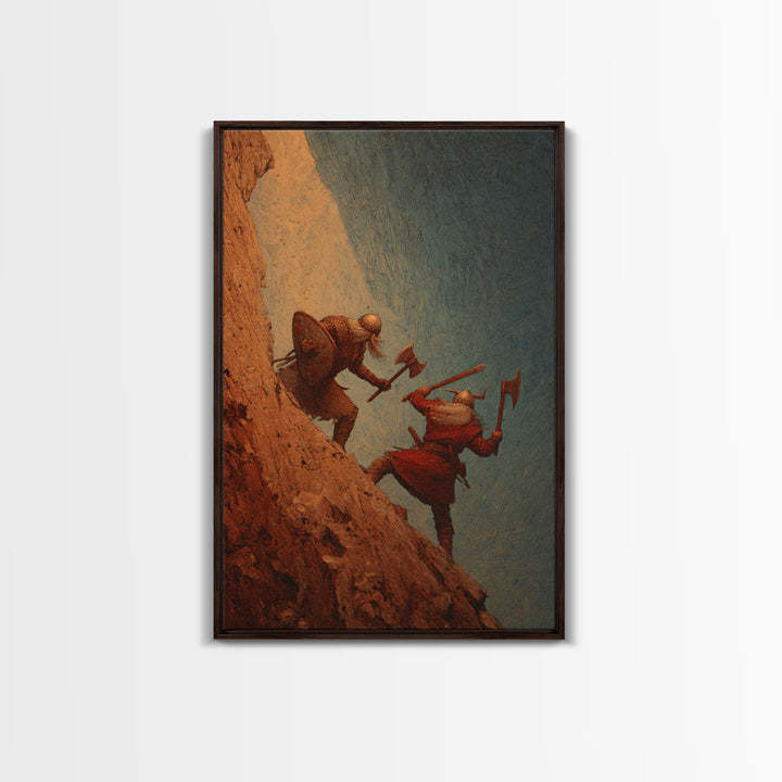 Viking Cliff Duel Wall Art, Norse Axes And Shields Fantasy Canvas Print, Warrior Battle Decor, Medieval Man Cave Wall Decor