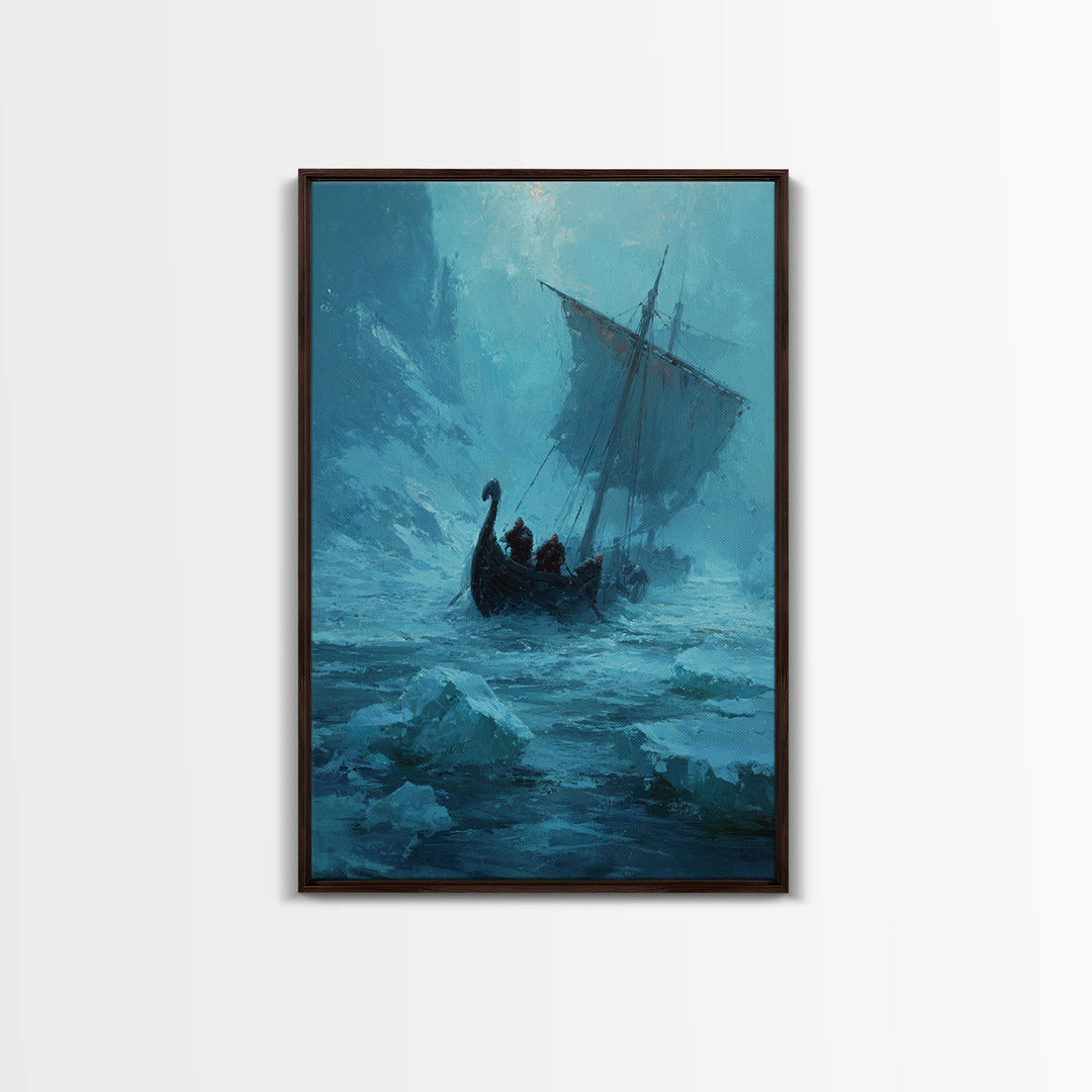 Icy Viking Ship At Sea Canvas Print, Nautical Wall Art, Norse Decor, Coastal Seascape, Fantasy Adventure Home Decor For Living Room