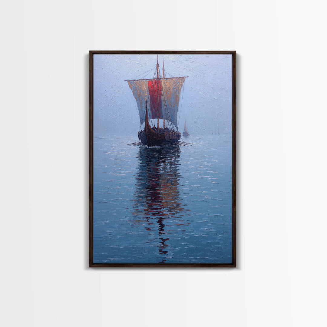 Viking Longship Sailing On Blue Water Framed Canvas Print, Nautical Wall Art, Nordic Seascape Decor, Lake House Art Print