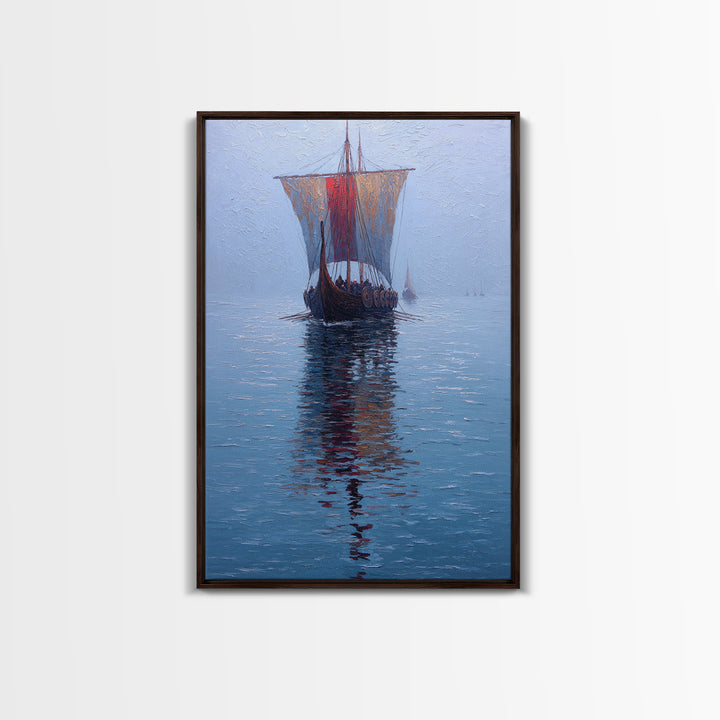 Viking Longship Sailing On Blue Water Framed Canvas Print, Nautical Wall Art, Nordic Seascape Decor, Lake House Art Print