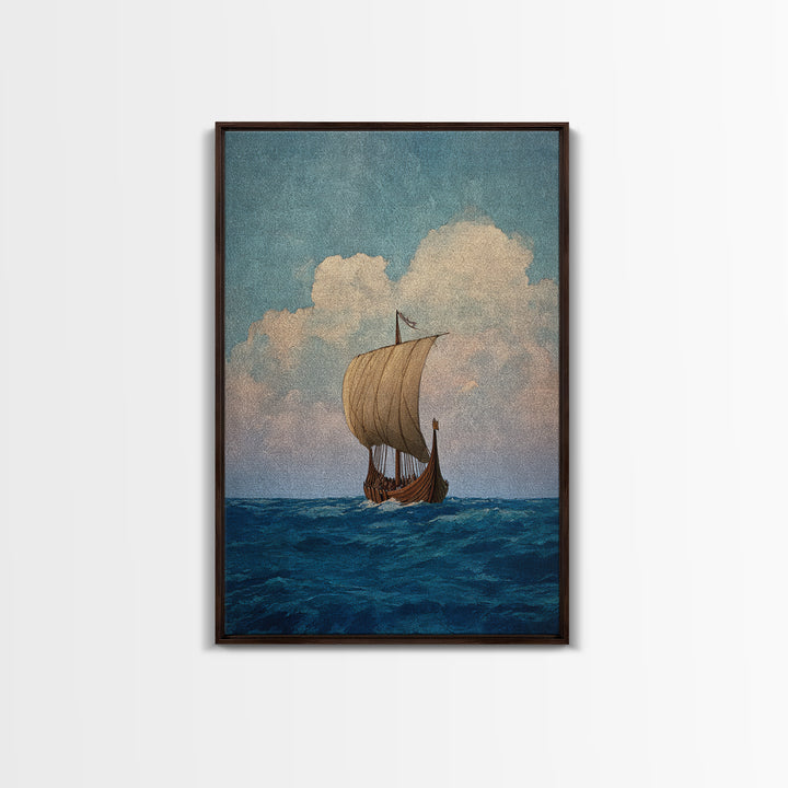 Viking Longship Sailing On Blue Sea Wall Art, Nautical Canvas Print, Scandinavian Coastal Decor, Historical Travel Poster