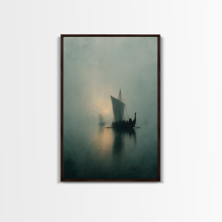 Misty Viking Sailboat On Foggy Water, Framed Canvas Print, Moody Seascape Wall Art, Nautical Decor, Nordic Coastal Art Print