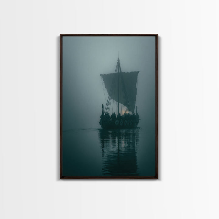 Misty Viking Longship On Dark Water Wall Art, Nordic Nautical Canvas Print, Moody Coastal Decor, Fantasy Seascape Living Room Art