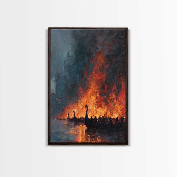 Burning Viking Ships On Dark Harbor Wall Art, Epic Historical Battle Canvas, Moody Seascape, Fantasy Living Room Decor, Home Decor