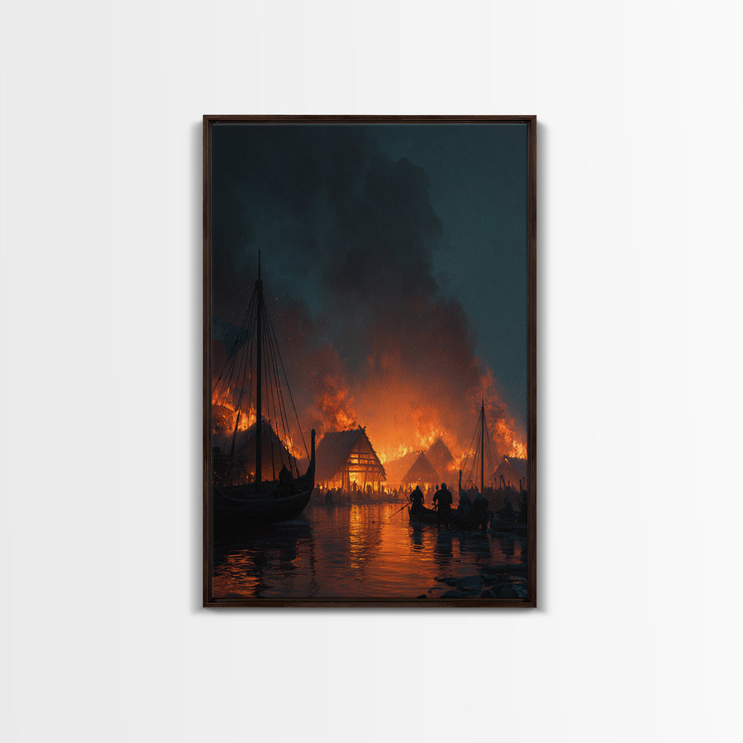 Burning Viking Harbor At Night Wall Art, Nordic Village Canvas Print, Dark Fantasy Decor, Moody Seascape Living Room Art