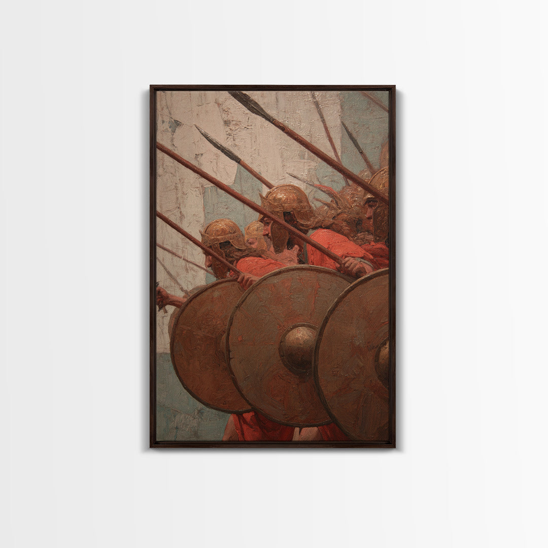 Ancient Shield Wall Canvas Print, Greek Phalanx Soldiers With Spears, Historical Battle Art For Masculine Office Decor Gift