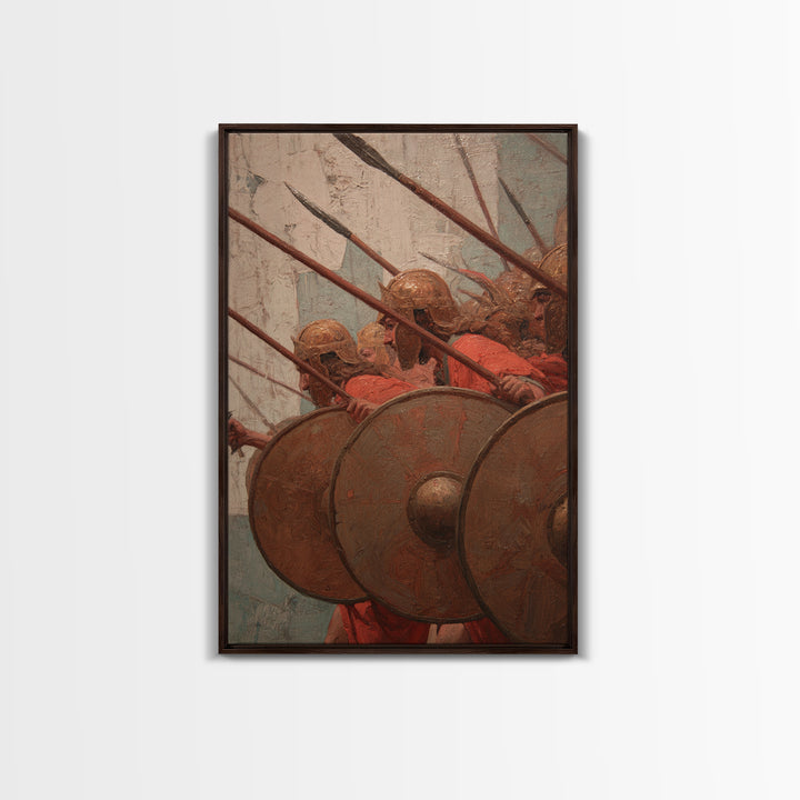 Ancient Shield Wall Canvas Print, Greek Phalanx Soldiers With Spears, Historical Battle Art For Masculine Office Decor Gift