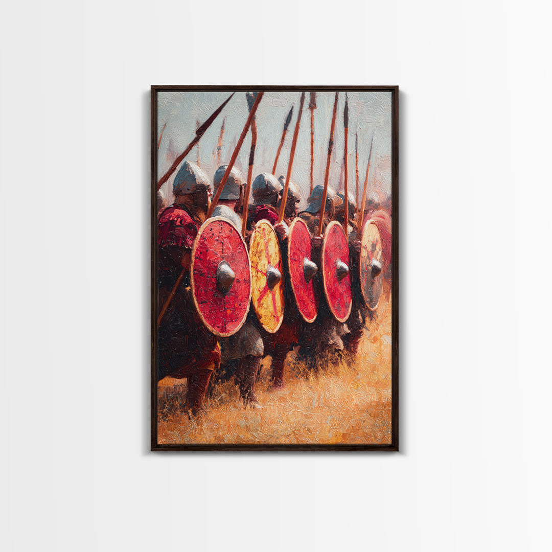 Viking Shield Wall With Red Round Shields Canvas Print, Medieval Warrior Wall Art For Rustic Game Room Decor And Gift For Him