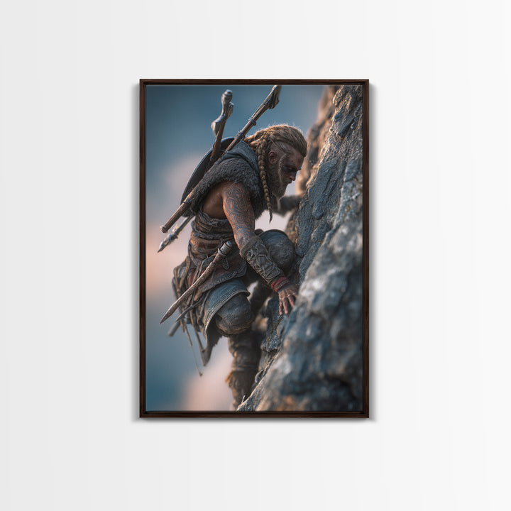 Viking Climbing Sheer Mountain Cliff Framed Canvas Print, Norse Warrior Wall Art, Fantasy Adventure Decor Print, Gift For Him