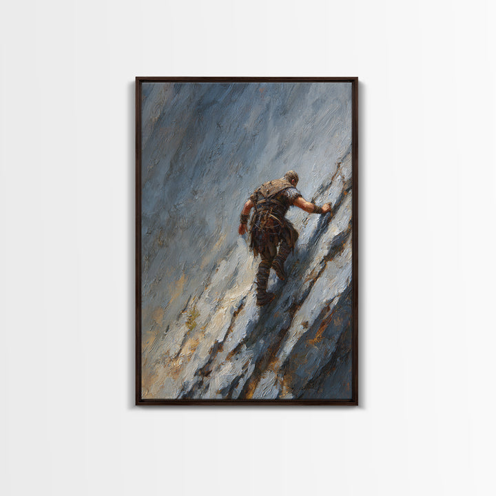 Viking Climber Scaling Icy Mountain Face Framed Canvas Print, Adventure Wall Art, Norse Landscape Office Decor, Gift For Him