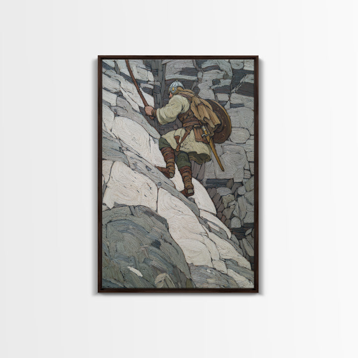 Viking Climber Scaling Snowy Cliffs Canvas Print, Norse Adventure Wall Art, Mountain Landscape Decor, Rustic Cabin Gift Print