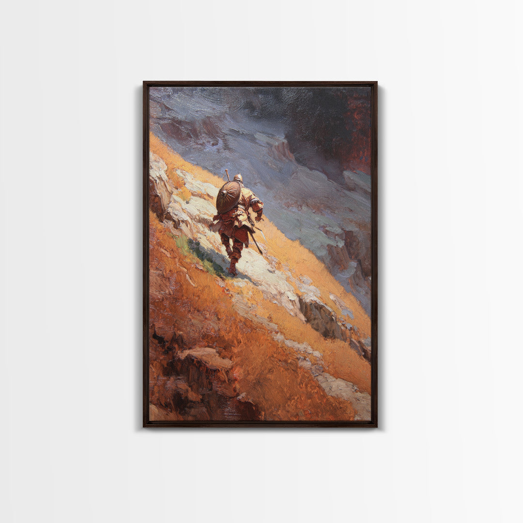 Armored Warrior Hiking Rugged Mountain Pass Canvas Print, Fantasy Landscape Art, Viking Wall Decor, Adventure Home Decor