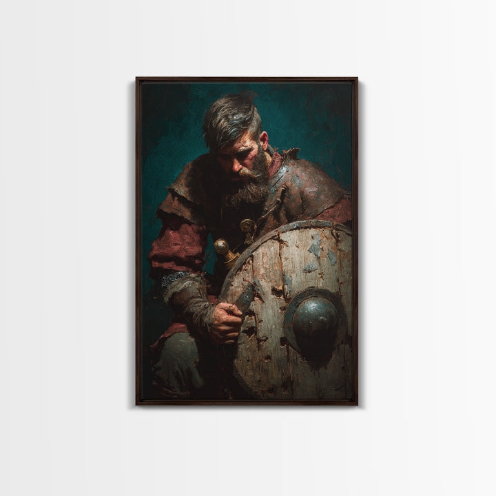 Bearded Viking With Weathered Shield, Canvas Print, Dark Academia Wall Decor, Medieval Portrait Art, Masculine Office Decor