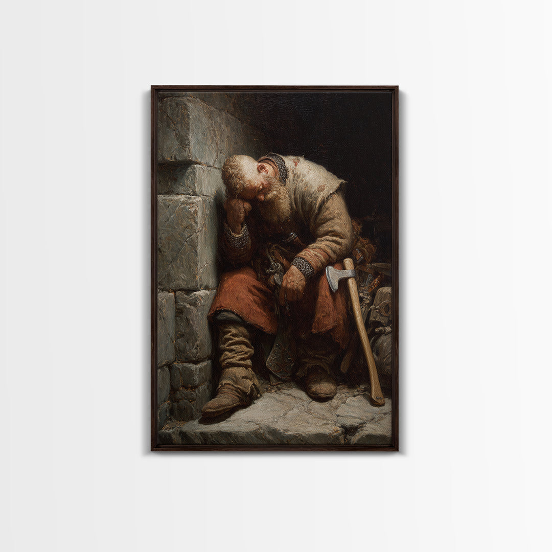 Exhausted Medieval Blacksmith Sleeping By Stone Wall, Canvas Print, Rustic Wall Art, Historical Portrait, Workshop Decor