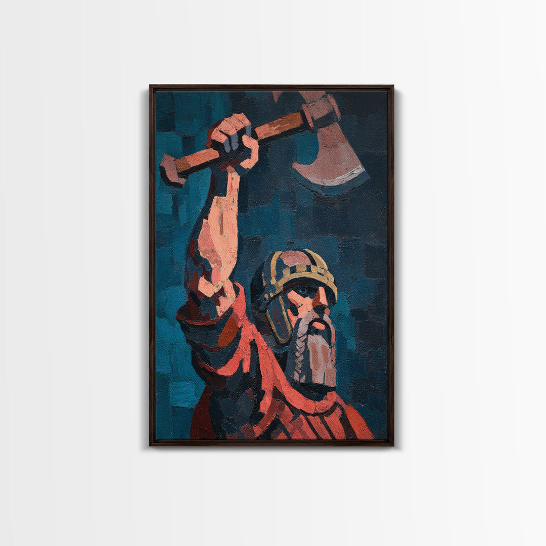 Rustic Viking Warrior Axe Holding Oil Painting Canvas Print For Masculine Wall Art And Western Home Decor