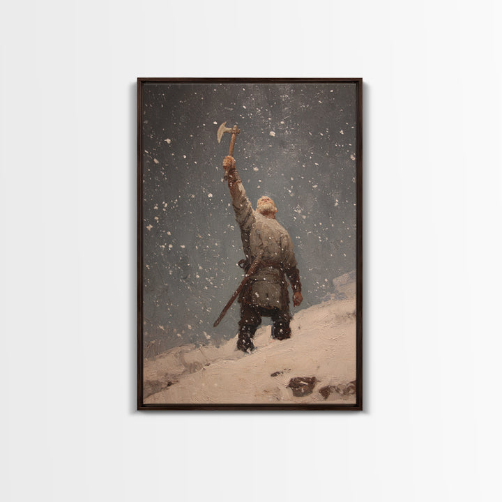 Snowy Viking Warrior Raising Axe, Medieval Fantasy Wall Art, Nordic Oil Painting Print, Rustic Cabin Decor, Gift For Him