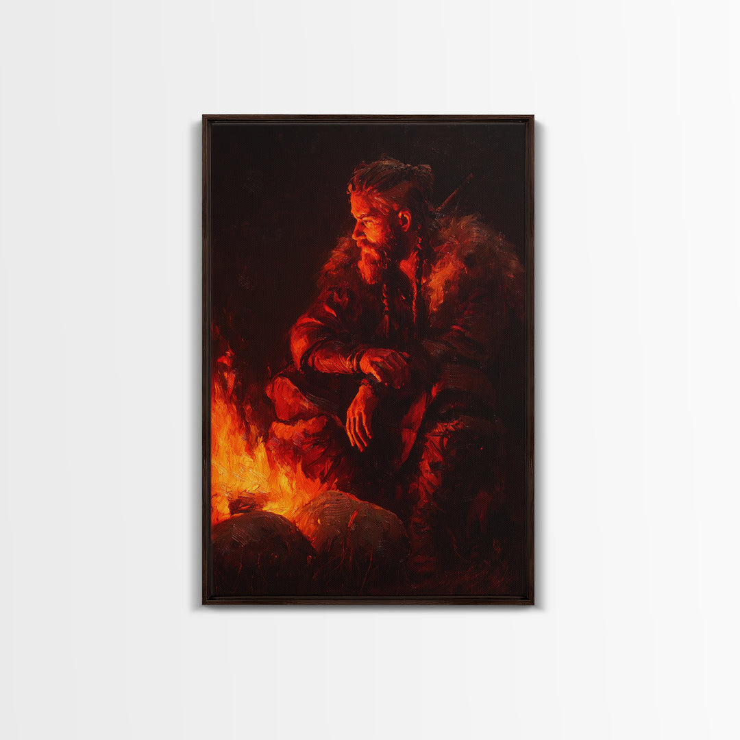 Viking Inspired Bearded Warrior Sitting By Campfire Dramatic Oil Painting Large Framed Canvas Print For Moody Wall Art Rustic Home Décor