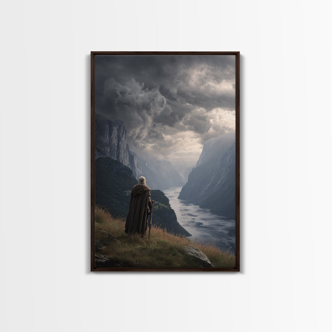 Cloaked Warrior Over Stormy Fjord Wall Art, Epic Nordic Landscape Canvas Print, Dark Academia Decor, Mountain Art Living Room Decor