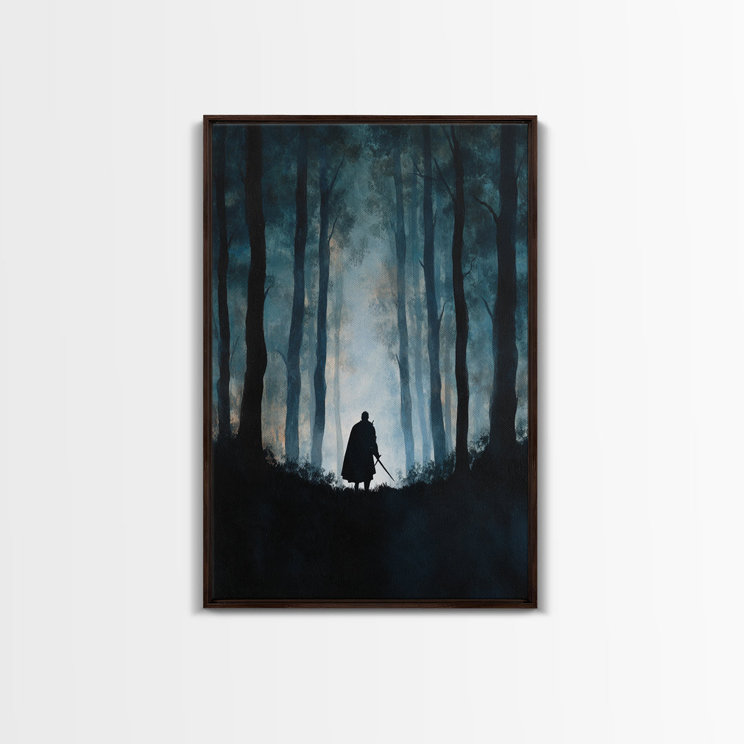 Lone Warrior In Misty Blue Forest Wall Art, Dark Fantasy Canvas Print, Moody Woodland Decor, Medieval Adventure Gift For Him