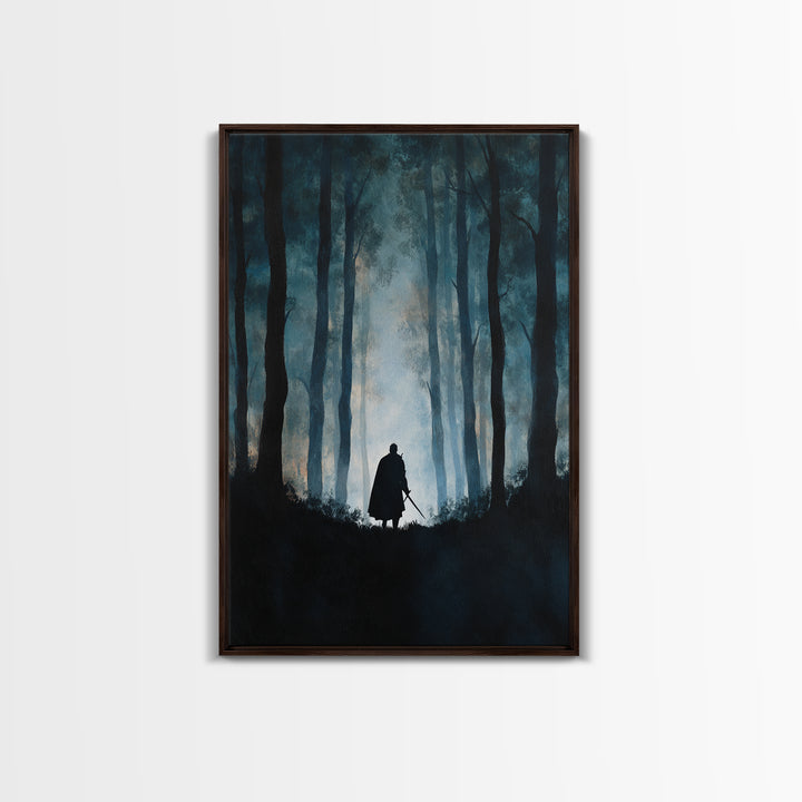 Lone Warrior In Misty Blue Forest Wall Art, Dark Fantasy Canvas Print, Moody Woodland Decor, Medieval Adventure Gift For Him