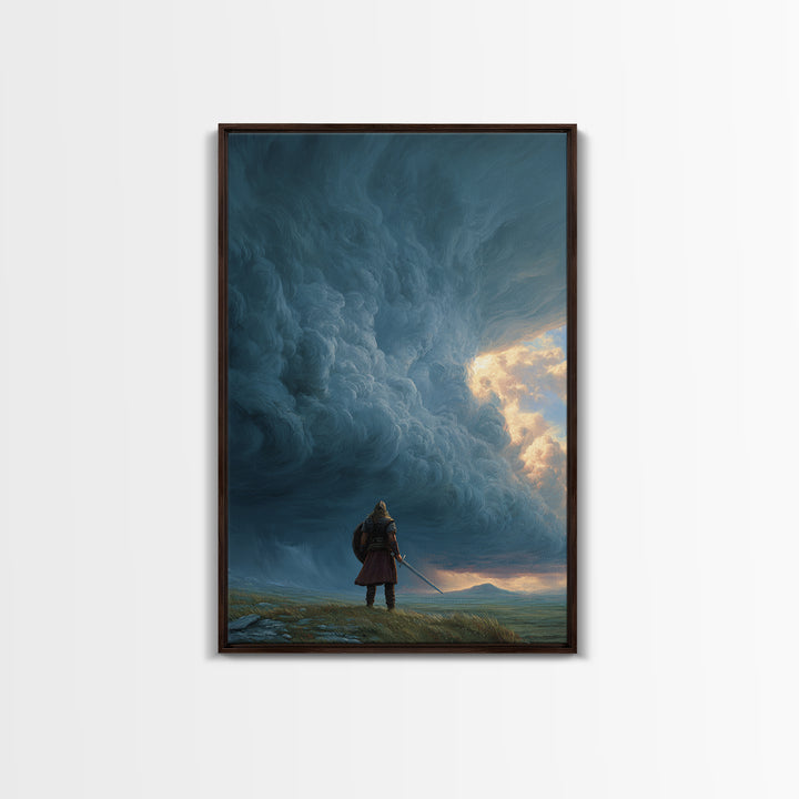 Lone Warrior Beneath Colossal Storm Clouds Wall Art, Fantasy Landscape Canvas, Dramatic Sky Decor, Large Statement Artwork