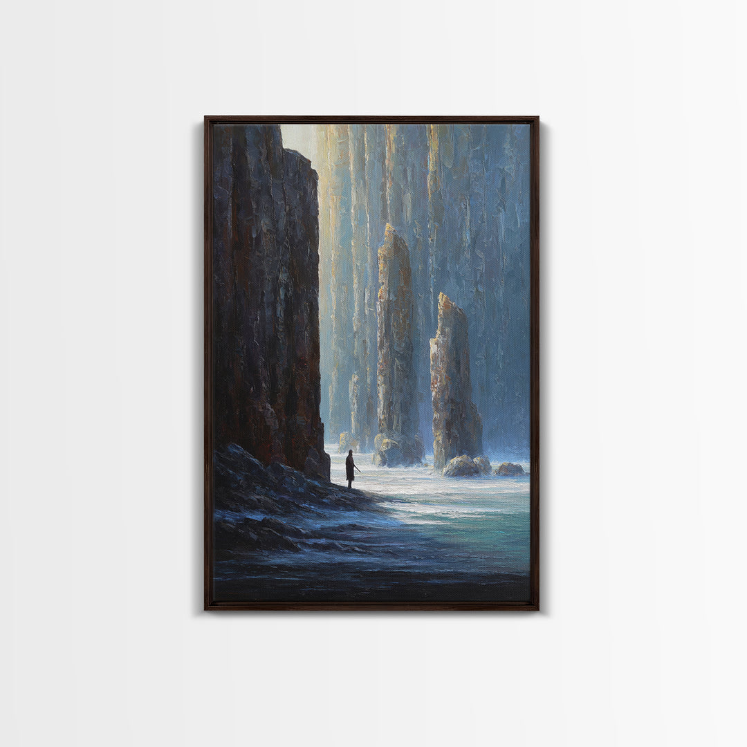 Lone Figure Among Blue Sea Cliffs Canvas Print, Moody Coastal Landscape Art, Fantasy Wall Decor, Modern Home Decor For Office
