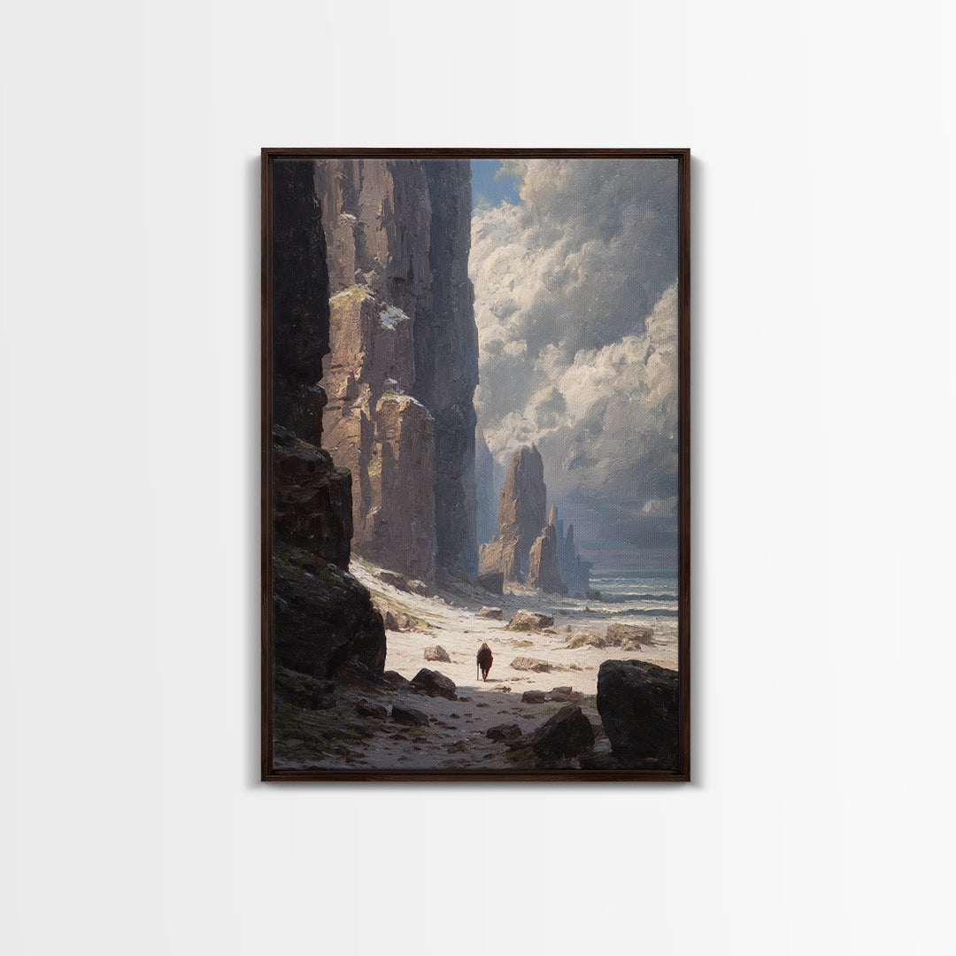 Towering Sea Cliffs And Lone Wanderer Canvas Print, Moody Coastal Landscape Art, Nautical Wall Decor, Living Room Art Print