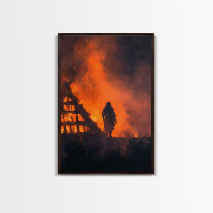 Viking Warrior In Blazing Fire Wall Art, Dark Fantasy Canvas Print, Medieval Battle Decor, Norse Saga Gift For Him, Gothic Decor