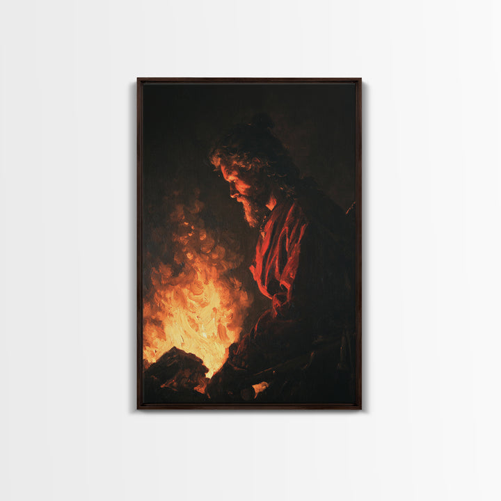 Moody Man Beside Fire Canvas Print, Dark Academia Wall Art, Baroque Inspired Portrait, Rustic Cabin Decor, Gift For Him Print