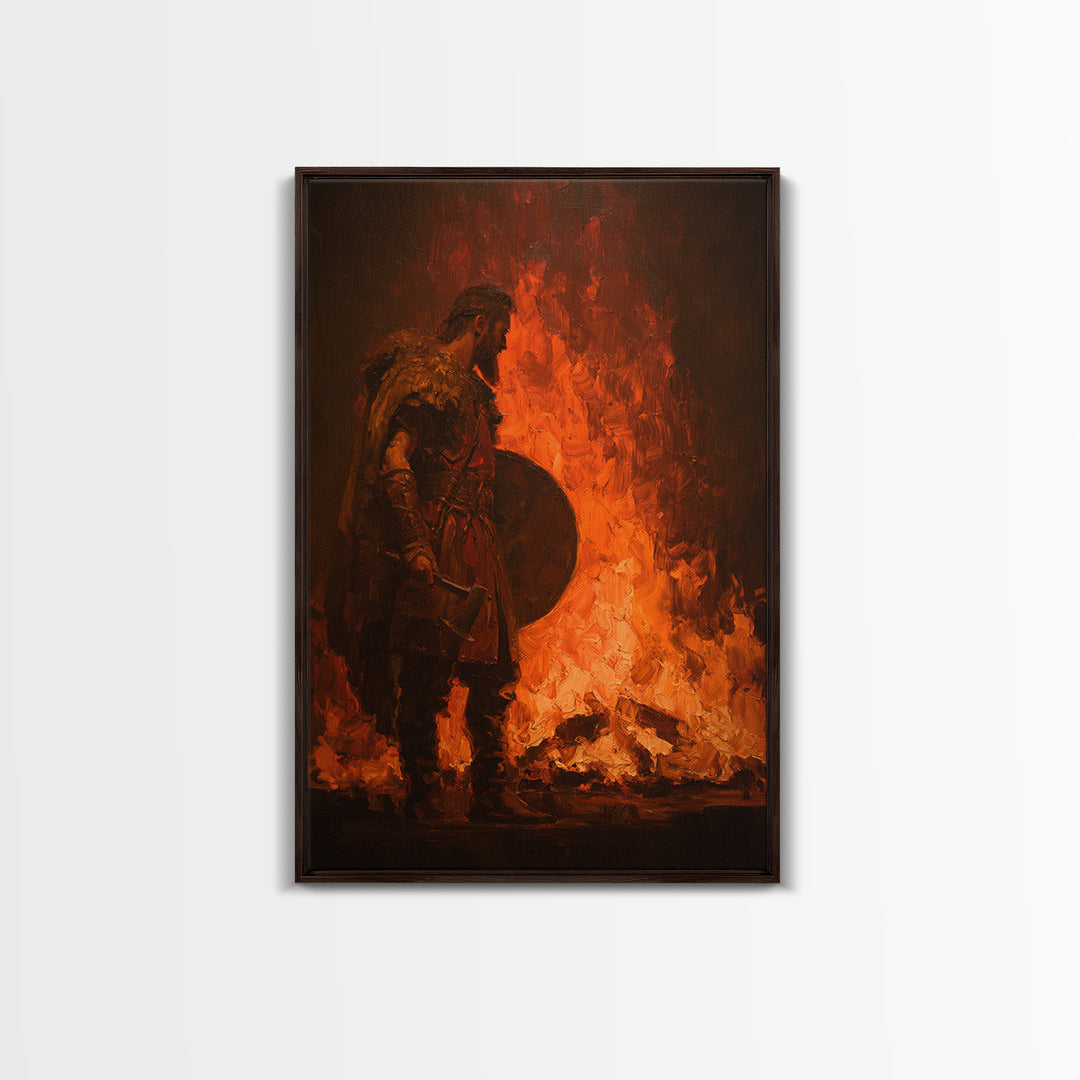 Viking Warrior Beside Blazing Fire Framed Canvas Print, Dark Fantasy Wall Art, Norse Masculine Home Decor, Gift For Him, Office Decor