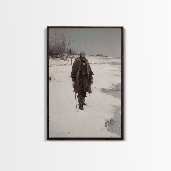 Viking Warrior In Snow Canvas Print, Medieval Winter Landscape Painting, Nordic Wall Art For Rustic Cabin Home Decor Gift