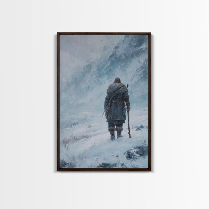 Lone Wanderer In Snowy Mountain Blizzard Wall Art, Viking Winter Landscape Canvas Print For Cabin Decor And Gift For Him