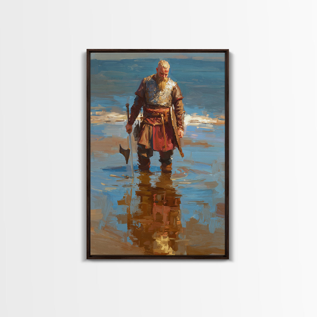 Blond Viking Warrior Standing In Reflective Shore Water Canvas Print, Coastal Fantasy Art, Masculine Wall Decor, Fine Art
