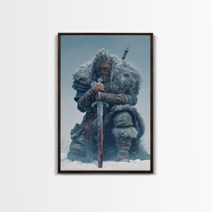 Snowbound Viking Warrior With Bloodied Sword Framed Canvas Print, Norse Wall Art, Masculine Dark Fantasy Decor, Gift For Him