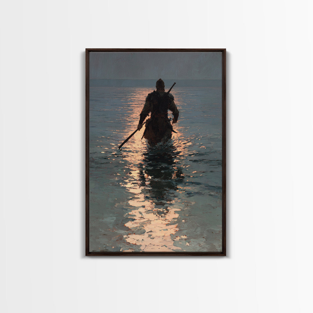Lone Warrior Wading Through Sunset Sea Wall Art, Moody Seascape Canvas Print, Coastal Fantasy Large Living Room And Office Decor