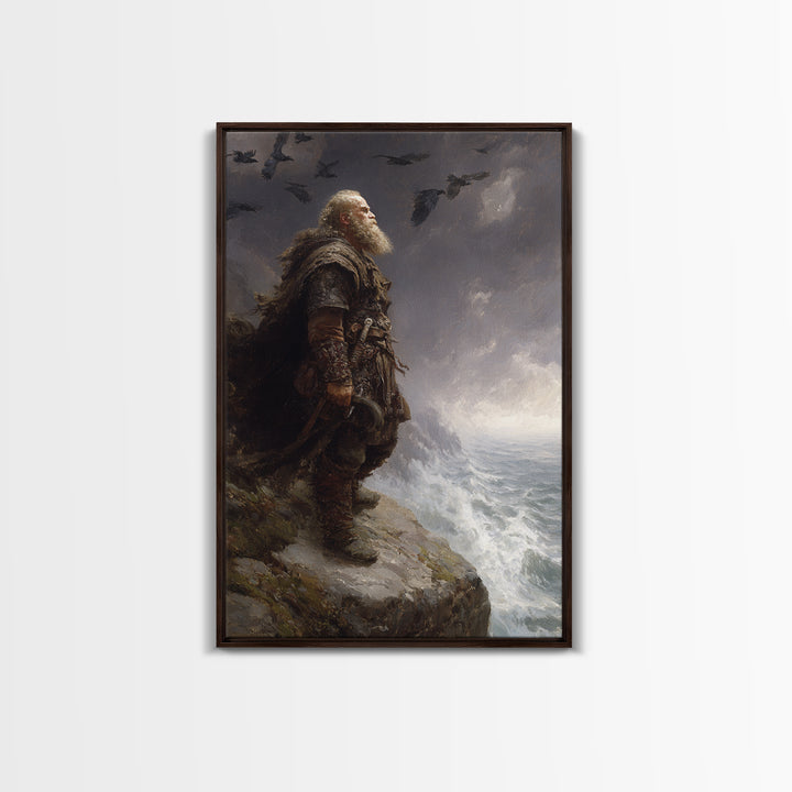 Bearded Viking On Stormy Sea Cliff Wall Art, Norse Raven Seascape Canvas Print, Dark Academia Masculine Decor, Gift For Him