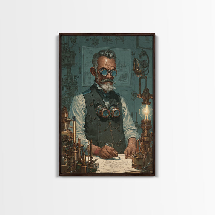 Steampunk Inventor Portrait With Goggles Wall Art, Industrial Office Decor, Science Art Print, Unique Gift For Him, Home Decor