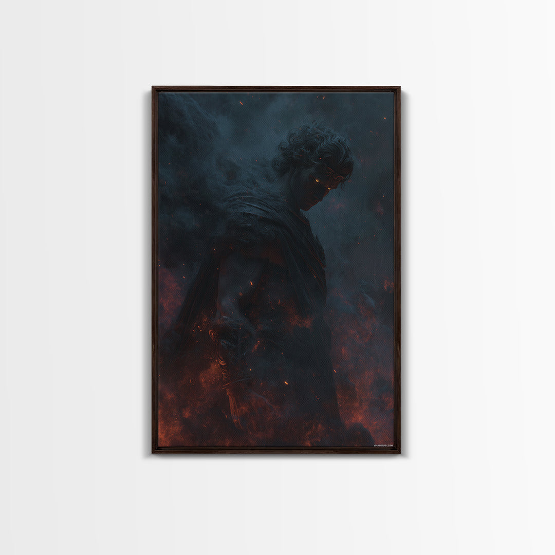 Fiery Dark Warrior With Glowing Eyes Wall Art, Mythological Fantasy Canvas Print, Gothic Decor, Dramatic Office Art For Men