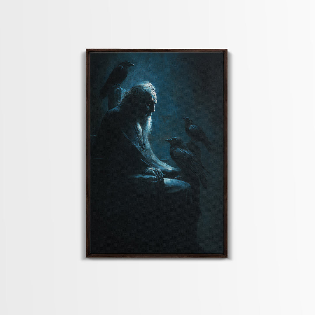 Elder With Ravens In Moody Blue Shadows Wall Art, Gothic Dark Academia Canvas Print For Living Room Decor And Unique Gift