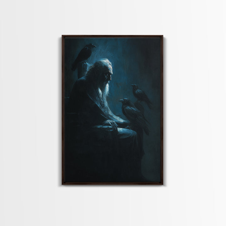 Elder With Ravens In Moody Blue Shadows Wall Art, Gothic Dark Academia Canvas Print For Living Room Decor And Unique Gift