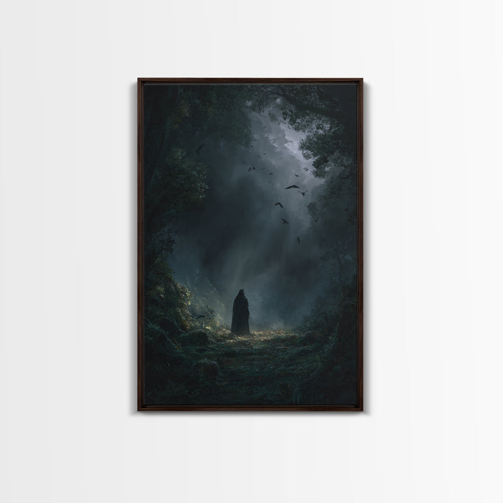 Cloaked Figure In Dark Forest Wall Art, Gothic Fantasy Canvas Print, Moody Nature Decor, Dark Academia Bedroom Wall Decor