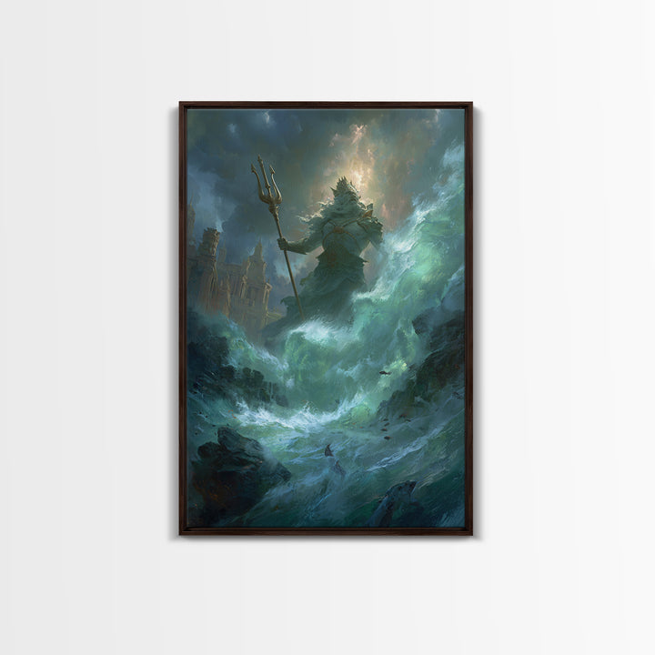 Colossal Sea God With Trident Canvas Print, Mythological Ocean Wall Art, Fantasy Seascape Decor, Dramatic Coastal Gift For Him