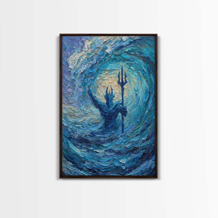 Sea God With Trident In Turquoise Wave Canvas Print, Poseidon Ocean Wall Art For Coastal Living Room Decor And Mythology Art Gift