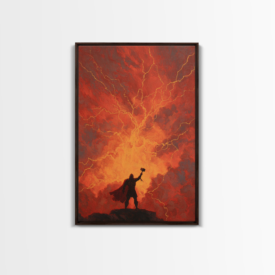 Thor Hammer Lightning Wall Art, Norse Mythology Storm Painting, Dramatic Red Sky Canvas Decor For Fantasy Home Office Gift
