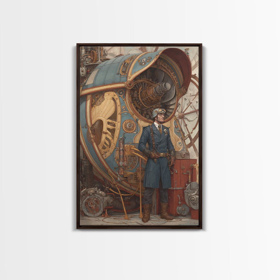 Steampunk Aviator Beside Airship Engine Framed Canvas Print, Industrial Wall Decor, Fantasy Art, Office Decor, Gift For Him