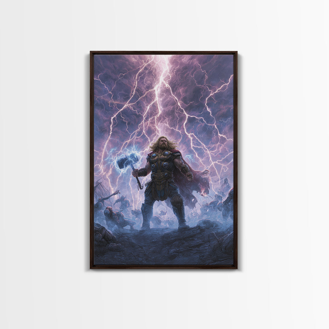 Thunder Warrior With Hammer In Lightning Storm Wall Art, Norse Mythology Canvas Print, Viking Decor, Epic Fantasy Gift For Him