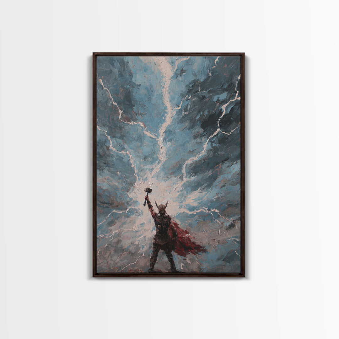 Norse Thunder Warrior Raising Hammer Wall Art, Lightning Storm Canvas Print For Fantasy Decor And Mythology Gift For Him