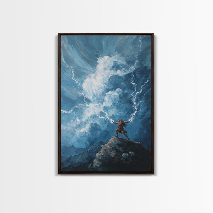 Tiny Warrior On Mountain Summoning Lightning Wall Art, Epic Storm Canvas Print For Fantasy Landscape Decor And Gift For Him