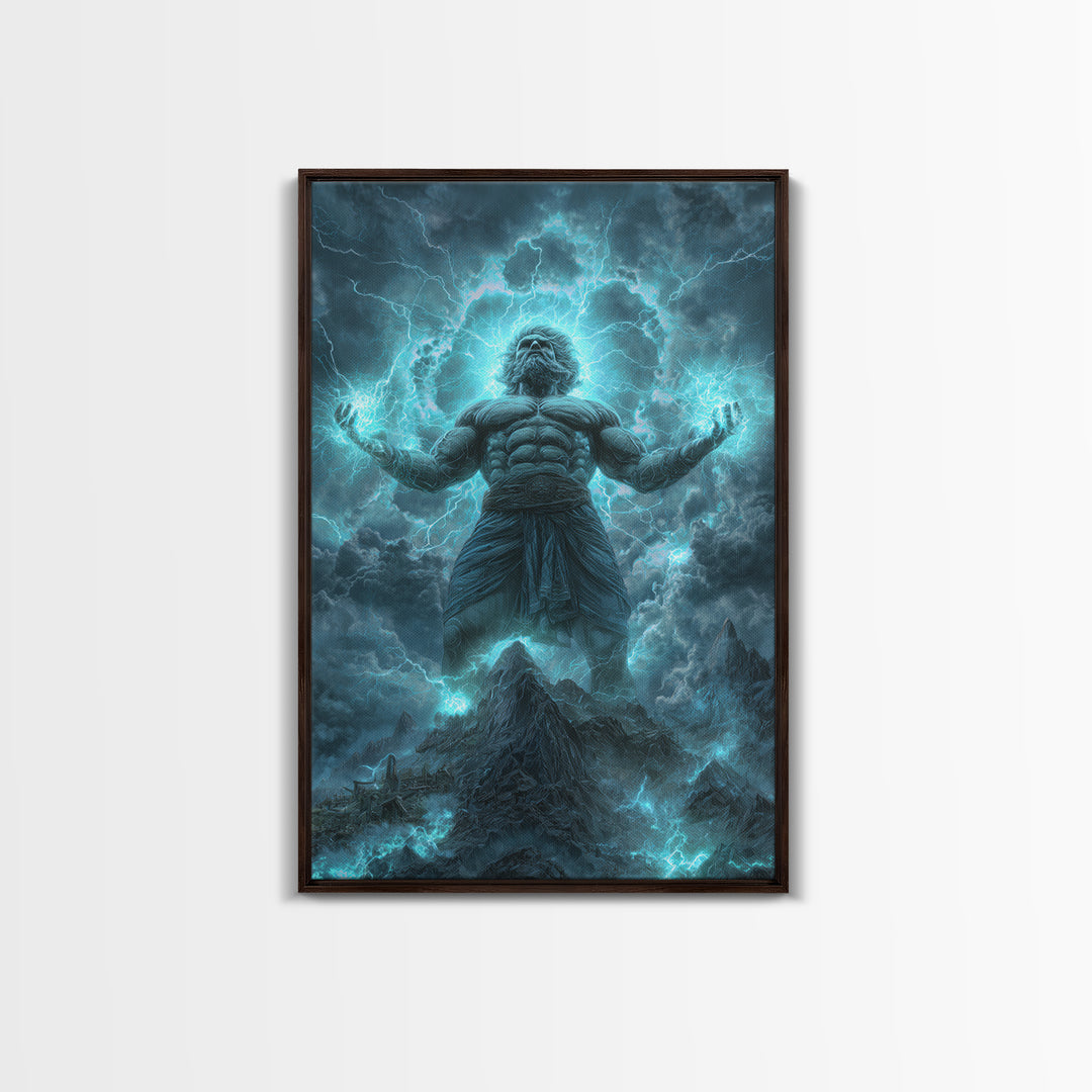 Titan Storm God Above Mountains Wall Art, Mythological Lightning Canvas Print, Fantasy Landscape Decor, Powerful Gift For Him